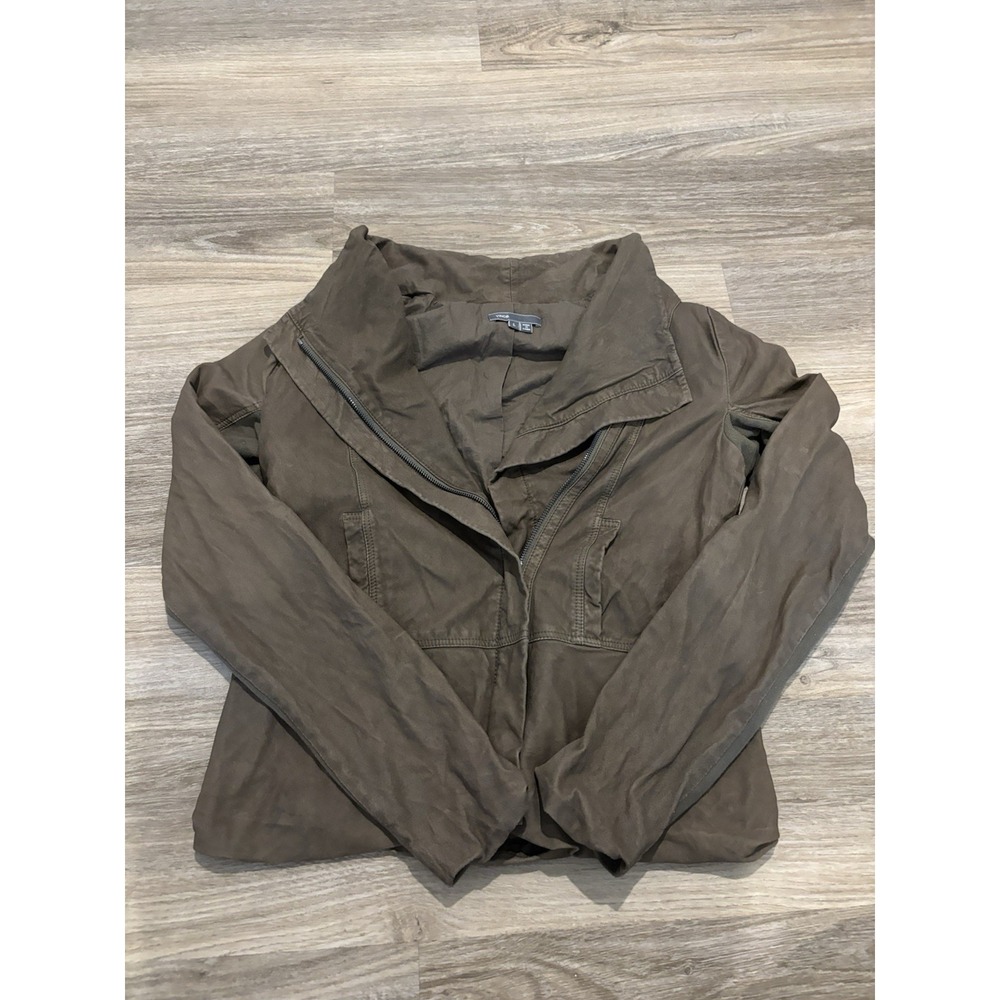 Vince Women's Short Biker Jacket Full Zip Long Sleeve Large Olive Green